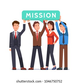 Group of business people holding mission speech bubble. Business man & woman company team showing sign with word mission on it. Flat style vector illustration isolated on white