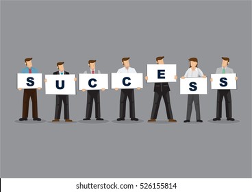 A group of business people holding placard signs with alphabets that spelled Success. Cartoon vector illustration for business success concept isolated on grey background.