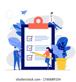 Group of business people making modern check list with pencil and clipboard or business task. Concept of goal achievements planning schedule. Flat cartoon character design for landing page.