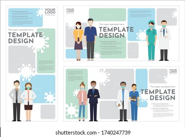 Group of Business people and medical staff using face masks template design. Vector illustration of flat design characters. Layout ornament concept for business presentation, advertising material.