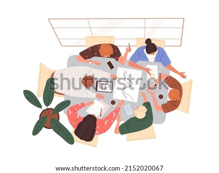 Group of business people at meeting. Work communication, teamwork at conference table, desk top view. Employees team cooperation, discussion. Flat vector illustration isolated on white background