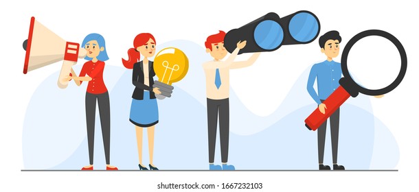 Group of business people with megaphone, light bulb, magnifying glass and binocular vector isolated. Business team work together.