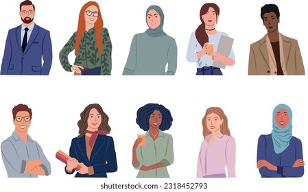 Group of business people. Multinational corporate team. Vector illustration of different cartoon men and women of various races, ages and body types in suits