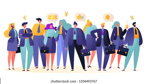 Group  of business people, office workers standing together. Business teamwork concept. Team of male and female employees and colleagues. Colorful vector illustration in flat cartoon style. 