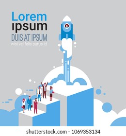 Group Of Business People Over Flying Space Rocket Startup Idea Creation Concept Isometric