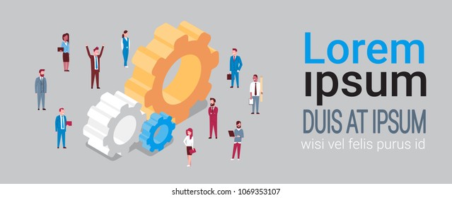 Group Of Business People Over Isometric Cogwheel Teamwork And Team Brainstorming Concept