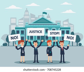 Group of  business people protesting in a city street. Business men and women holding protest posters 