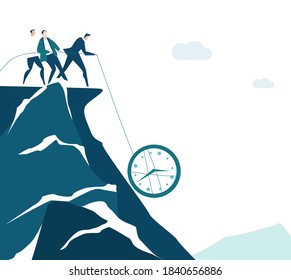 Group of business people pulling big clock up to mountain cliff. Working together idea
