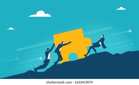 Group of business people pulling up puzzle piece on tot of mountain. Working together for the success concept illustration.  Concept illustration