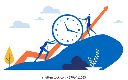 Group of business people pushing the clock up to heel. Working together, solving the problems concept 