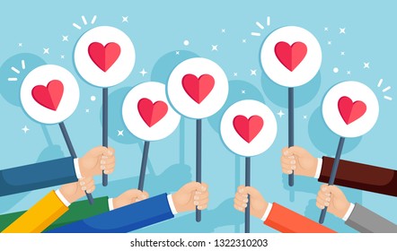 Group of business people with red heart placard. Social media, network. Good opinion. Testimonials, feedback, customer review, like concept. Valentines day. Vector flat design