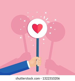 Group of business people with red heart placard. Social media, network. Good opinion. Testimonials, feedback, customer review, like concept. Valentines day. Vector flat design