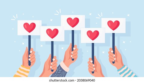 Group of business people with red heart placard. Social media, network. Good opinion. Testimonials, feedback, customer review, like concept. Valentines day. Vector flat design