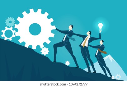 Group of business people rolling ip the gear, towards the top of the mountain. Risky situation which might bring winning. Business success concept 