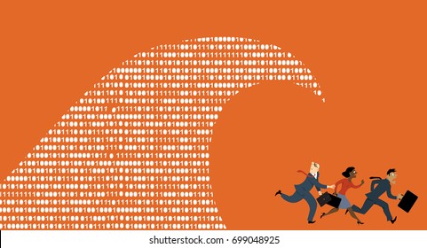 Group Of Business People Running From A Big Data Wave, EPS 8 Vector Illustration