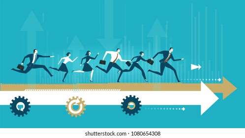 Group of business people running on the arrow towards a success. Concept business illustration