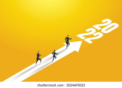 Group of business people running on arrows towards goals for 2022. Motivation Path concepts to success of business goals for 2022. vector illustration