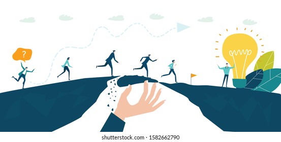 Group of business people running over canyon with support of big boss who protects and looking after them. Financial advising, support and business developing idea. 