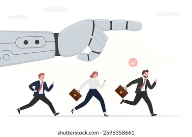 Group of business people running at right direction. Robot hand indicates the right path of business development, career or education. Chatbot with AI helps in work. flat vector illustration