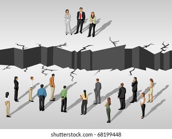 group of business people separated by cracked floor