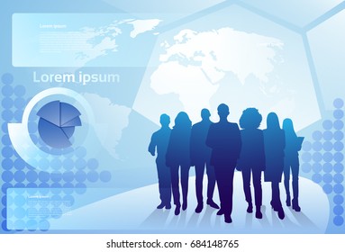 Group Of Business People Silhouette Walking Over World Map Background Businesspeople Team Concept Vector Illustration