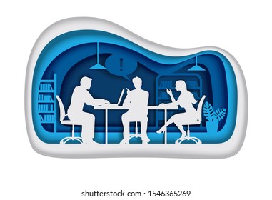 Group of business people silhouettes having meeting, discussion, brainstorming while sitting at table, vector illustration in paper art craft style. Business office concept for banner, website page.