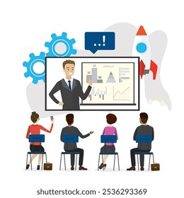 Group of business people sits in audience and watches webinar from big screen. Corporate presentation, training or meeting successful leadership. Cartoon employees rear view. Flat vector illustration