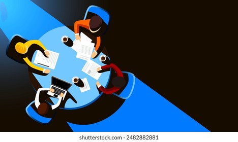 Group of business people sitting around a round table. Vector illustration
