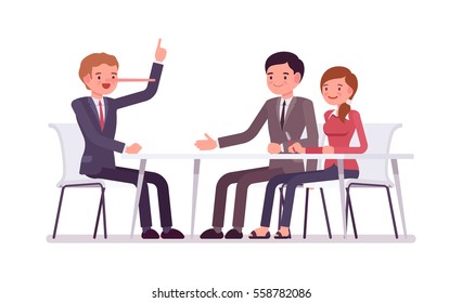 Group of business people sitting at the desk, man is a liar, nose grows in length when he tells a lie, cheating partners, promising unreal future, fraud for business owners, agent and careless clients