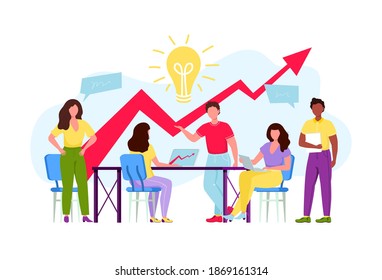 Group of business people sitting at the table talking, working meeting vector illustration. Teamwork and brainstorming. Economic business growth concept with big red arrow and light bulb idea symbol.