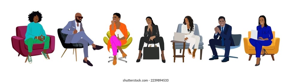 Group of business people sitting and taking part in meeting, business event. Diverse of female and male characters in modern business outfits. Cartoon vector realistic illustration isolated on white