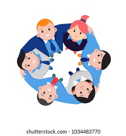 Group of business people standing arm in arm forming a circle looking up at the viewer in a concept of business strength, teamwork and solidarity, vector illustration on white