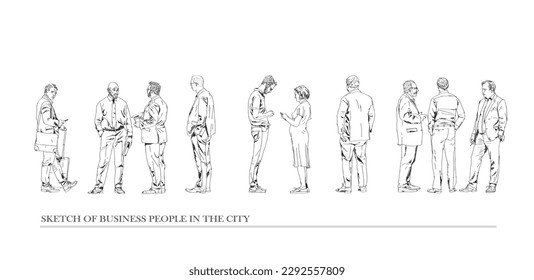 Group of business people standing and in the city, businessman searching with telephone. Collection of silhouettes for your project. Sketch, side and back view