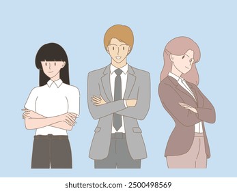 Group of business people standing, crossed arms. Hand drawn flat cartoon character vector illustration.