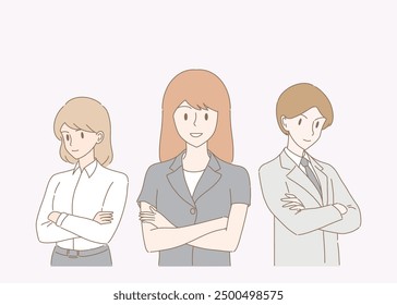 Group of business people standing, crossed arms. Hand drawn flat cartoon character vector illustration.