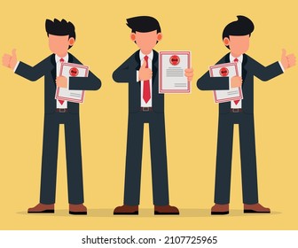 Group of business people standing holding certificates or diplomas and giving thumbs up. business success concept.