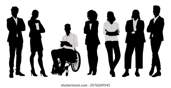 Group of business people  standing in a line, with one person in wheelchair. The group is dressed in business attire, and the man in the wheelchair is looking at his tablet. People black silhouettes