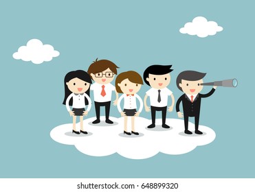 Group of business people standing on the cloud following boss who using a telescope. Vector illustration.