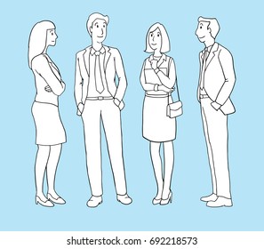 Group Of Business People Standing And Talking On A White Background. Isolated Vector Illustration Outline Hand Drawn Cartoon Design Character.