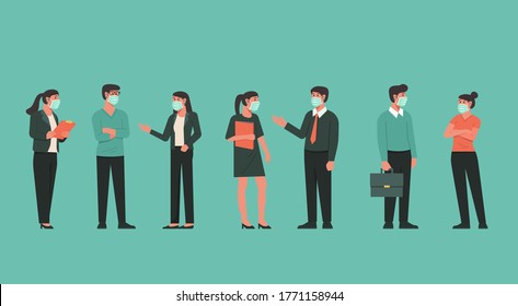 group of business people standing together and wearing face mask to prevent the flu and virus spreading and transmission, new normal concept, character flat vector illustration