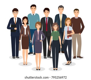 Group Of Business People Standing Together On White Background. Office Employee In Different Poses And Casual Clothes. Men And Women Working Staff. Vector Illustration In Flat Design.