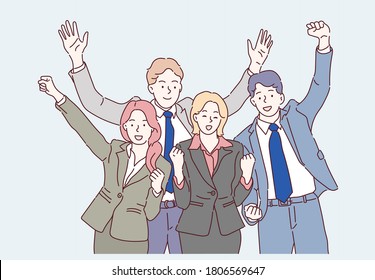 Group of business people to successful. Business team with determination and confidence. Hand drawn in thin line style, vector illustrations.