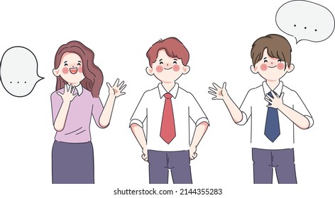 Group of business people talking with bubble speech character. Hand drawn doodle style vector design illustrations. Hand drawn doodle.