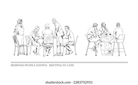 Group of business people talking in cafe. Sketch. Collection of silhouettes for project. 