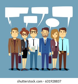 Group of business people talking. Teamwork vector concept with human persons and speech bubbles