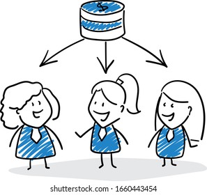 Group of business people team and money coins.
Hand drawn doodle line art cartoon design character - isolated vector illustration outline of women