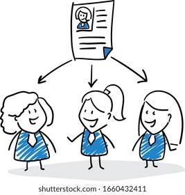 Group of business people team and resume file. documents.
Hand drawn doodle line art cartoon design character - isolated vector illustration outline of women