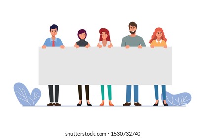 Group of business people teamwork holding big banner blank space character.