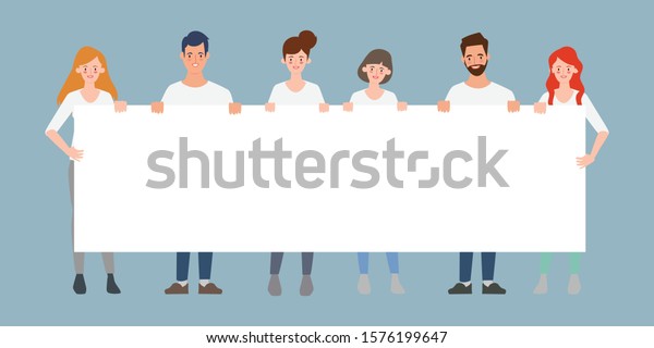 Group of business\
people teamwork holding big banner blank space character flat\
vector illustration.