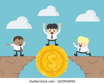 group of business people that are successful in their jobs ,three businessmen crossing the cliff with coins